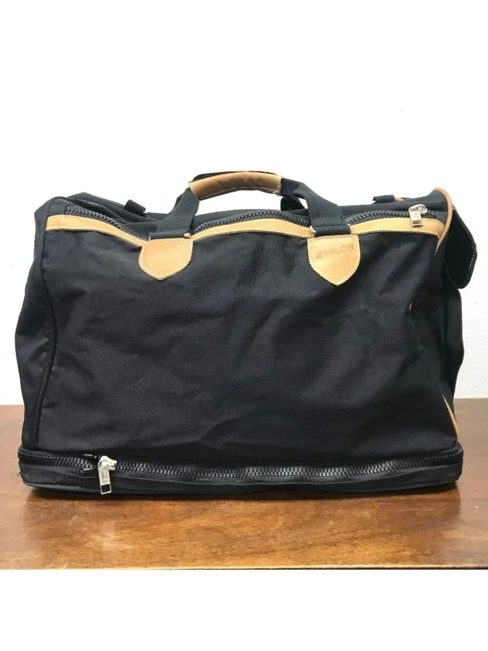 ATHALON Black Canvas Duffle Bag Shoulder Strap Expandable Leather Trim 19X15X13